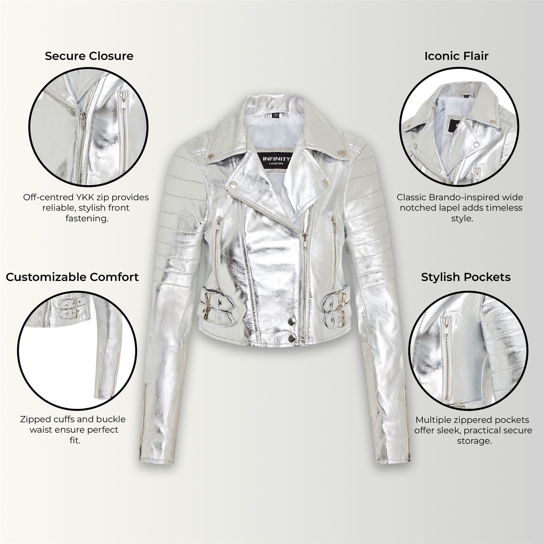 Womens Cropped Brando Leather Biker Jacket-Damascus