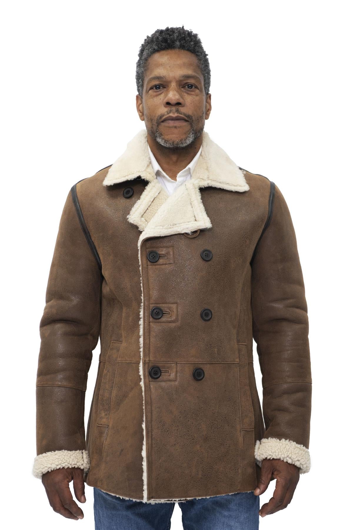 Mens Double Breasted Shearling Sheepskin Pea Coat-Valencia