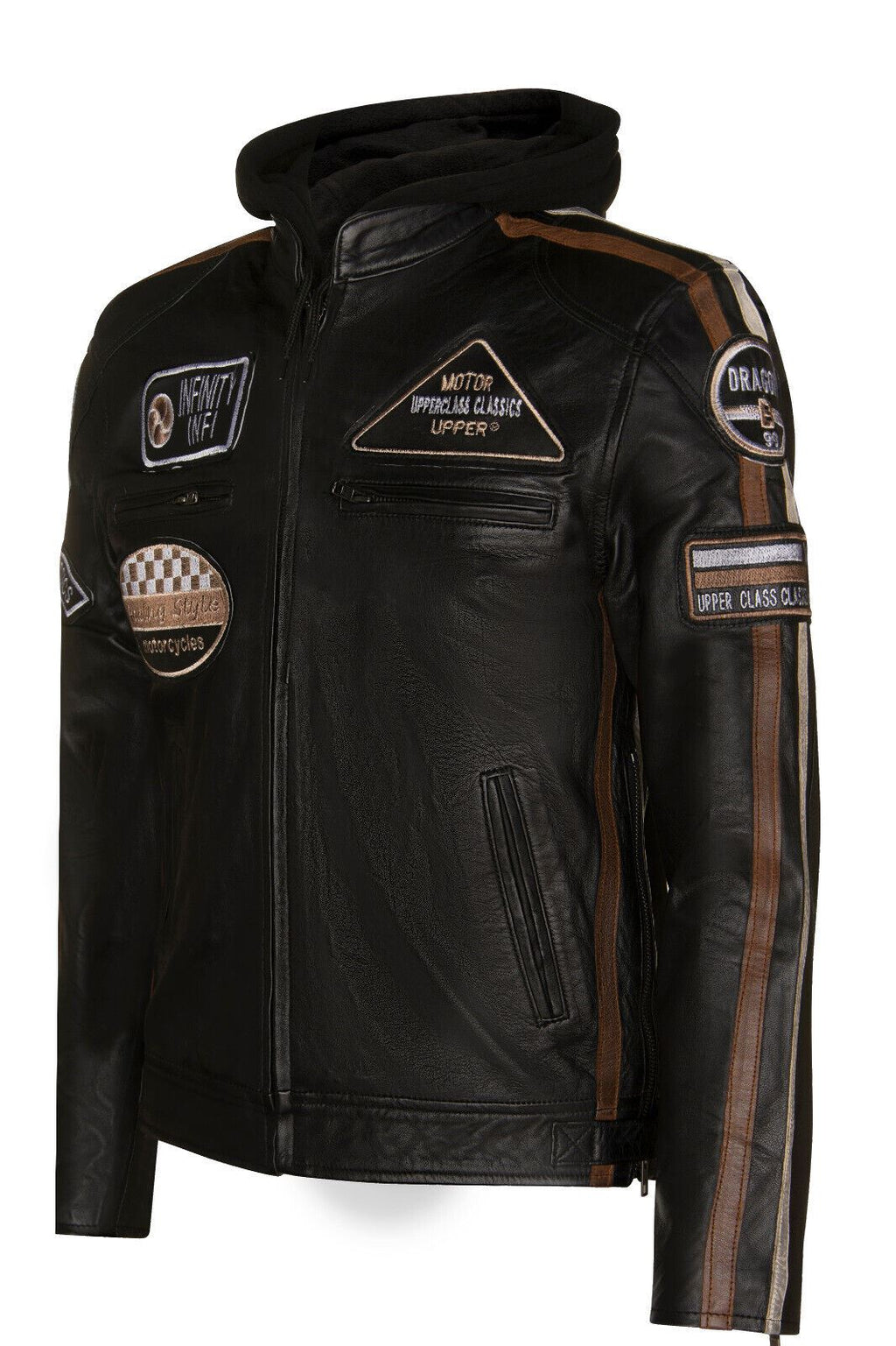Mens Racing Hooded Leather Biker Jacket-Detroit
