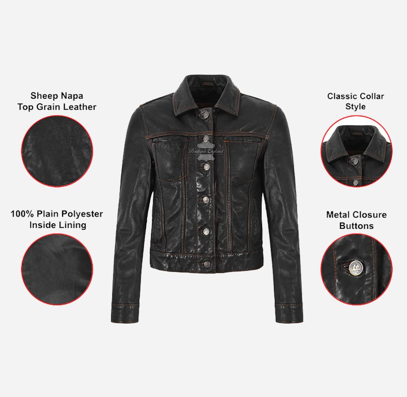 TRUCKER Leather Denim Jacket For Women Washed Leather Shirt Jacket