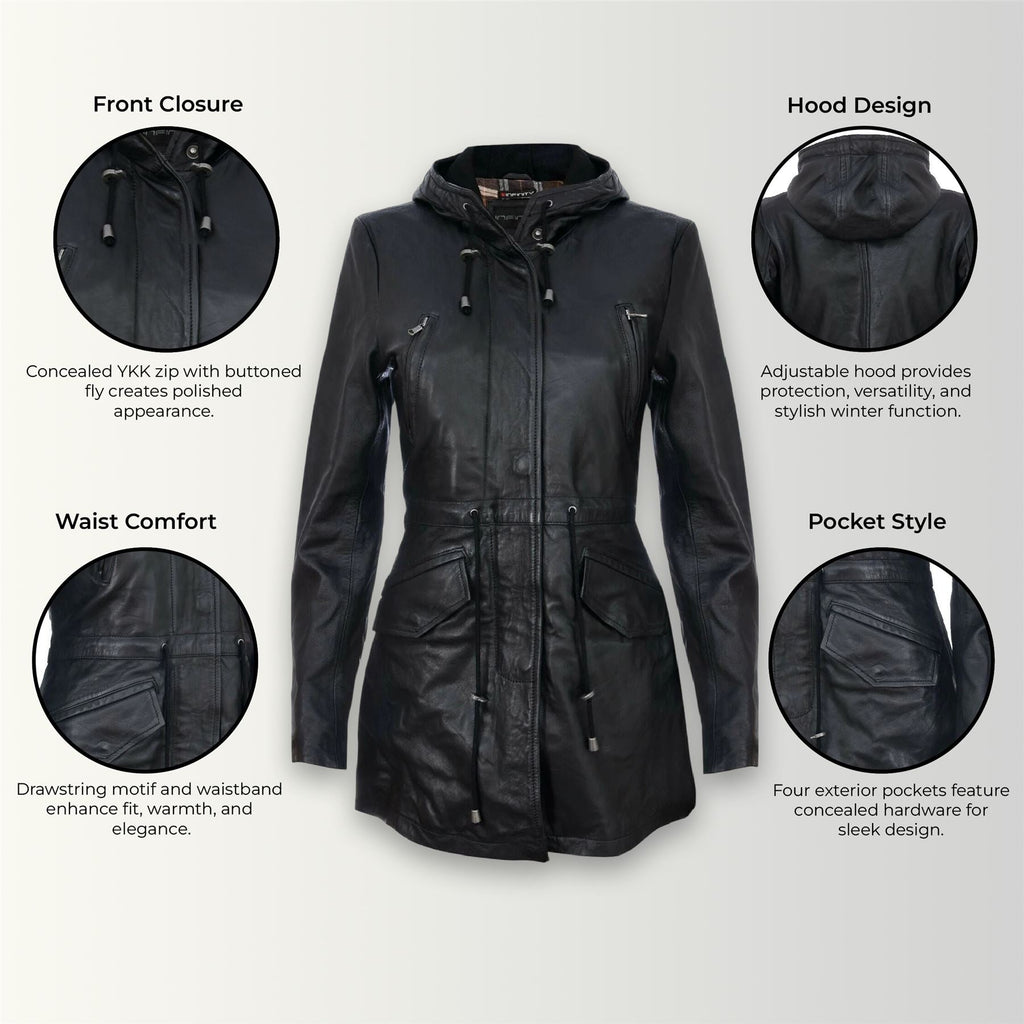Womens Leather Hooded Parka Jacket-Bucharest