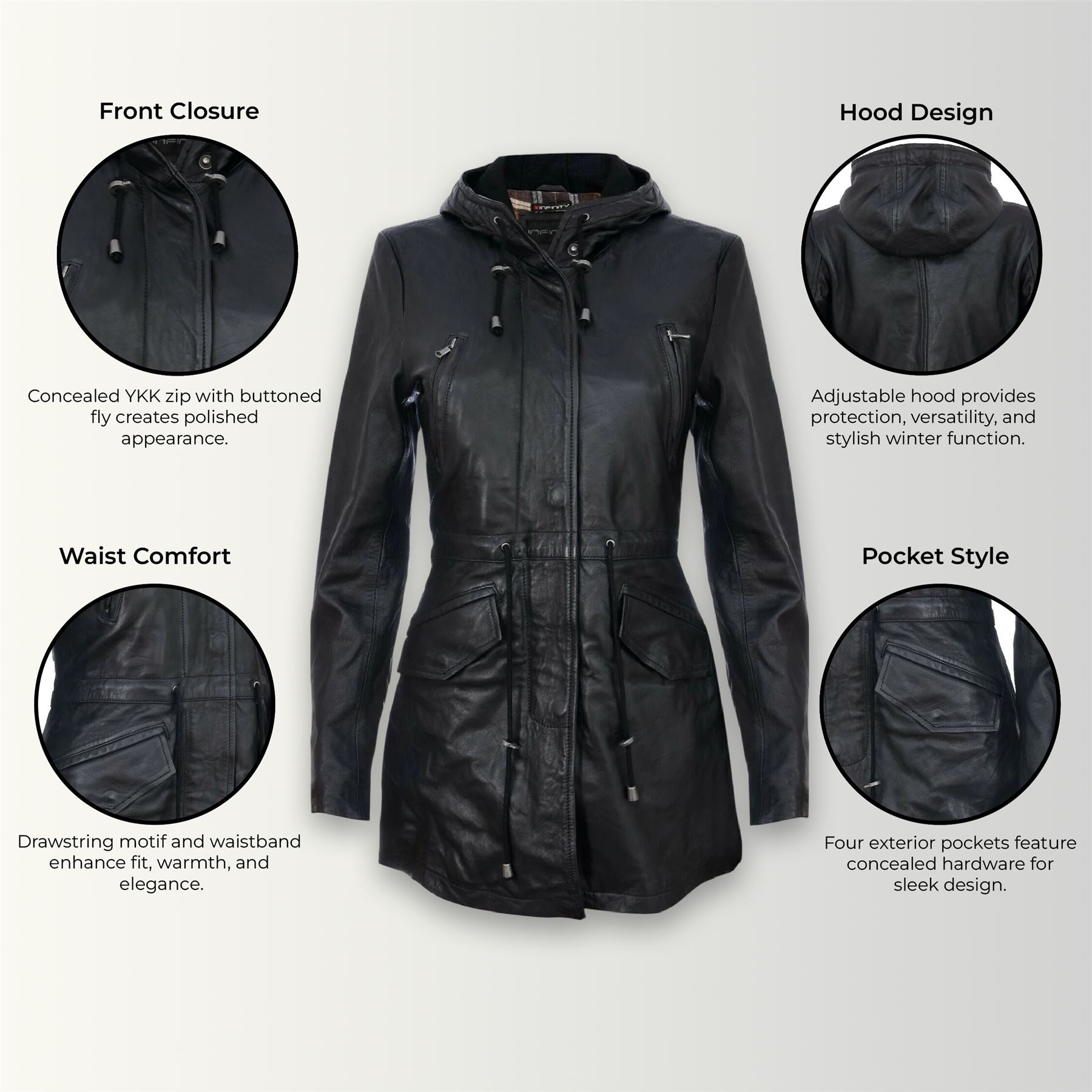 Womens Leather Hooded Parka Jacket-Bucharest