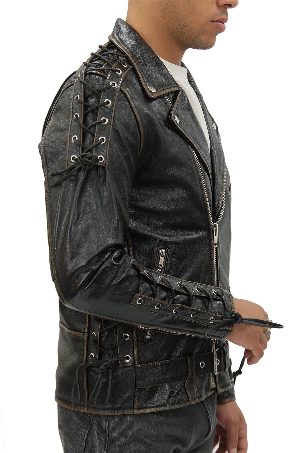 Mens Embossed Brando Leather Biker Jacket-Chicago
