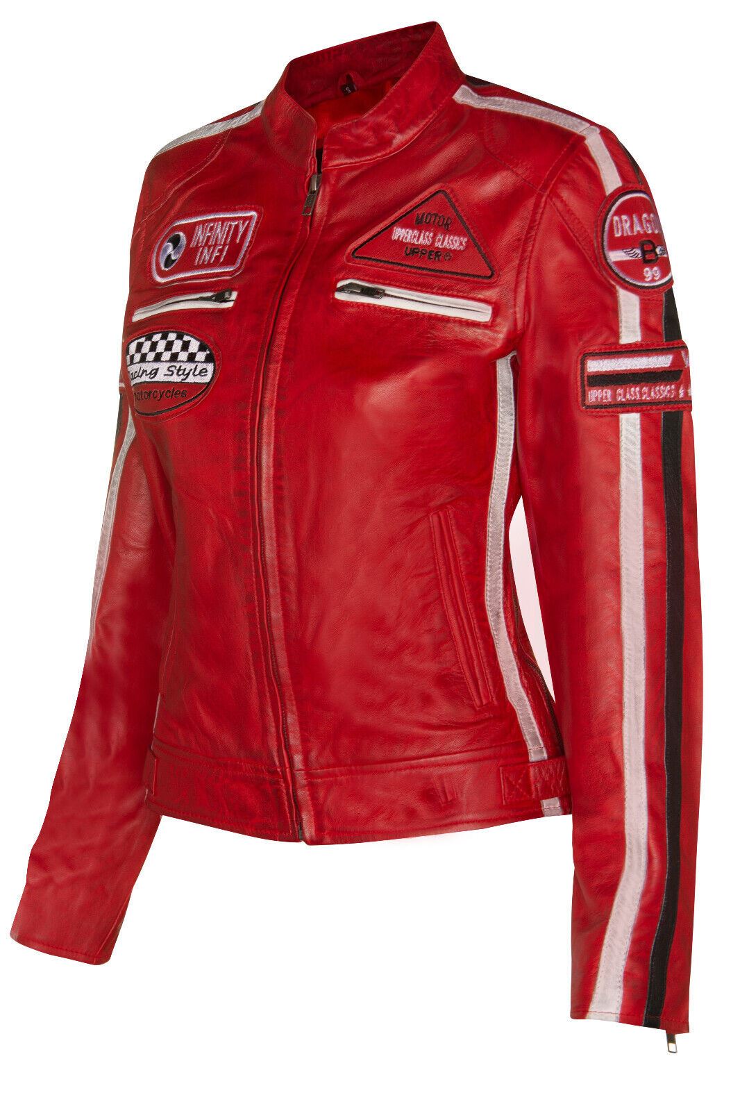 Womens Biker Racing Badges Leather Jacket-Eastleigh