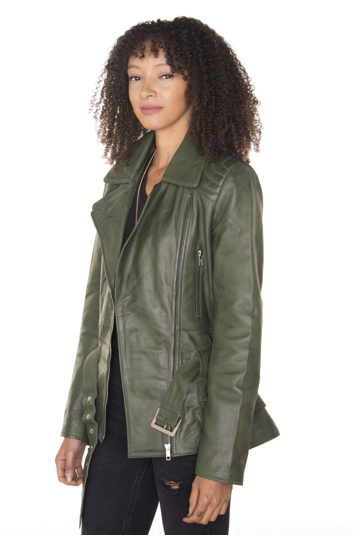 Womens Long Leather Biker Jacket-Quito