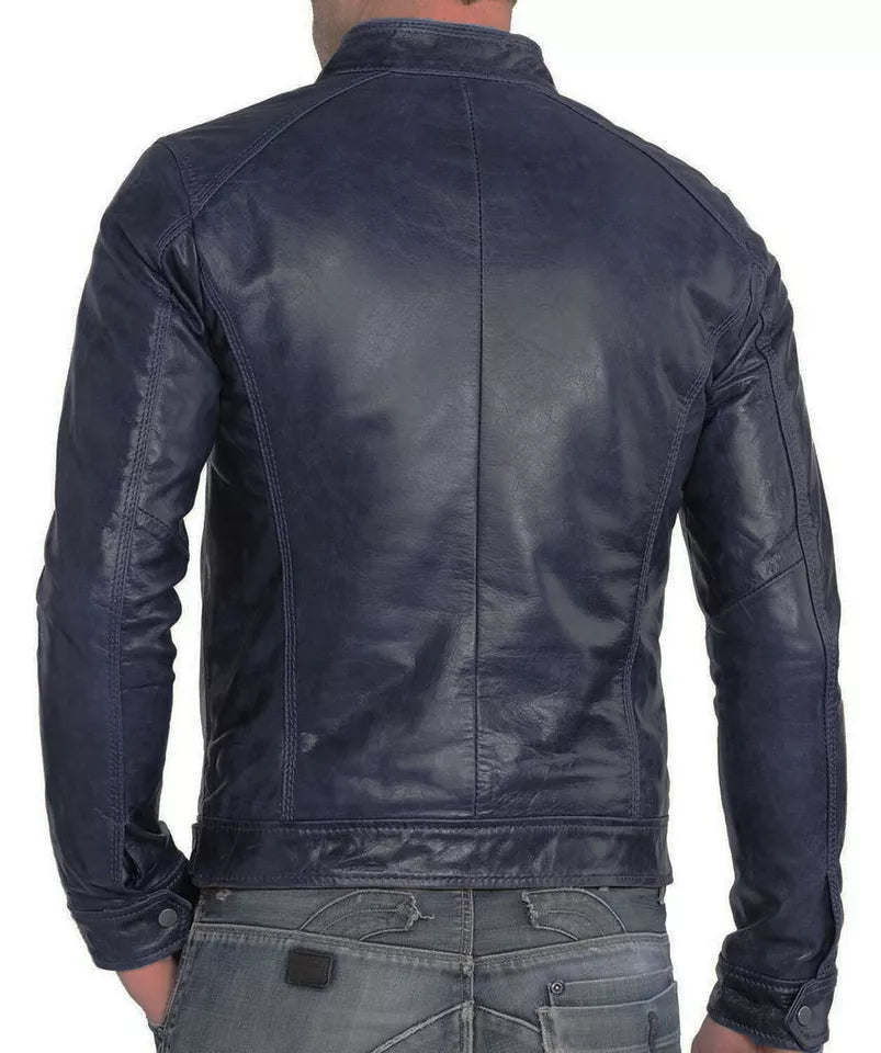 Handmade Blue Genuine Leather Lambskin Vintage Bomber Jacket for Men
