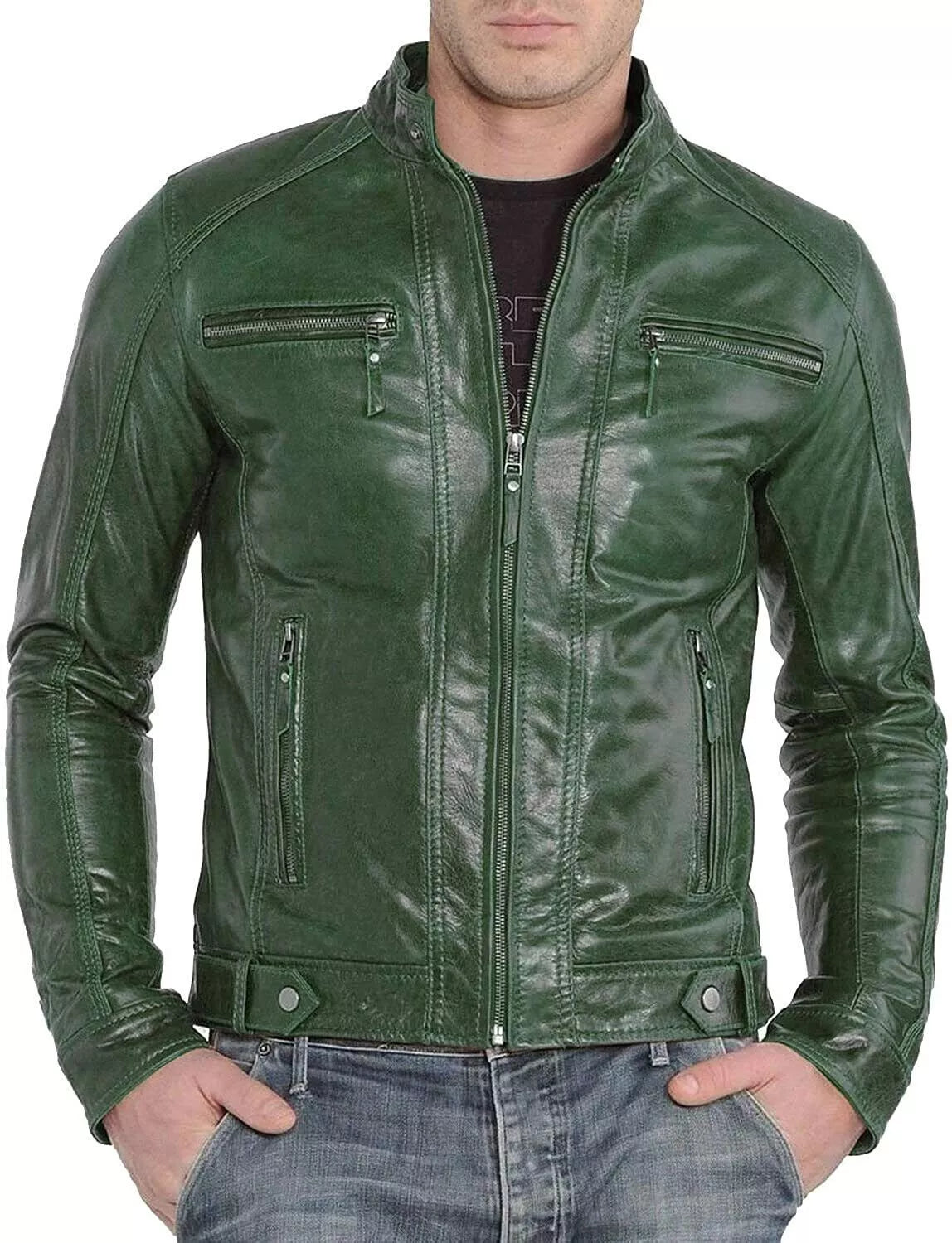 Men's Distress Leather Jackets Motorcycle Bomber Biker Stylish Outerwear Zipper Jacket(Moss Green)