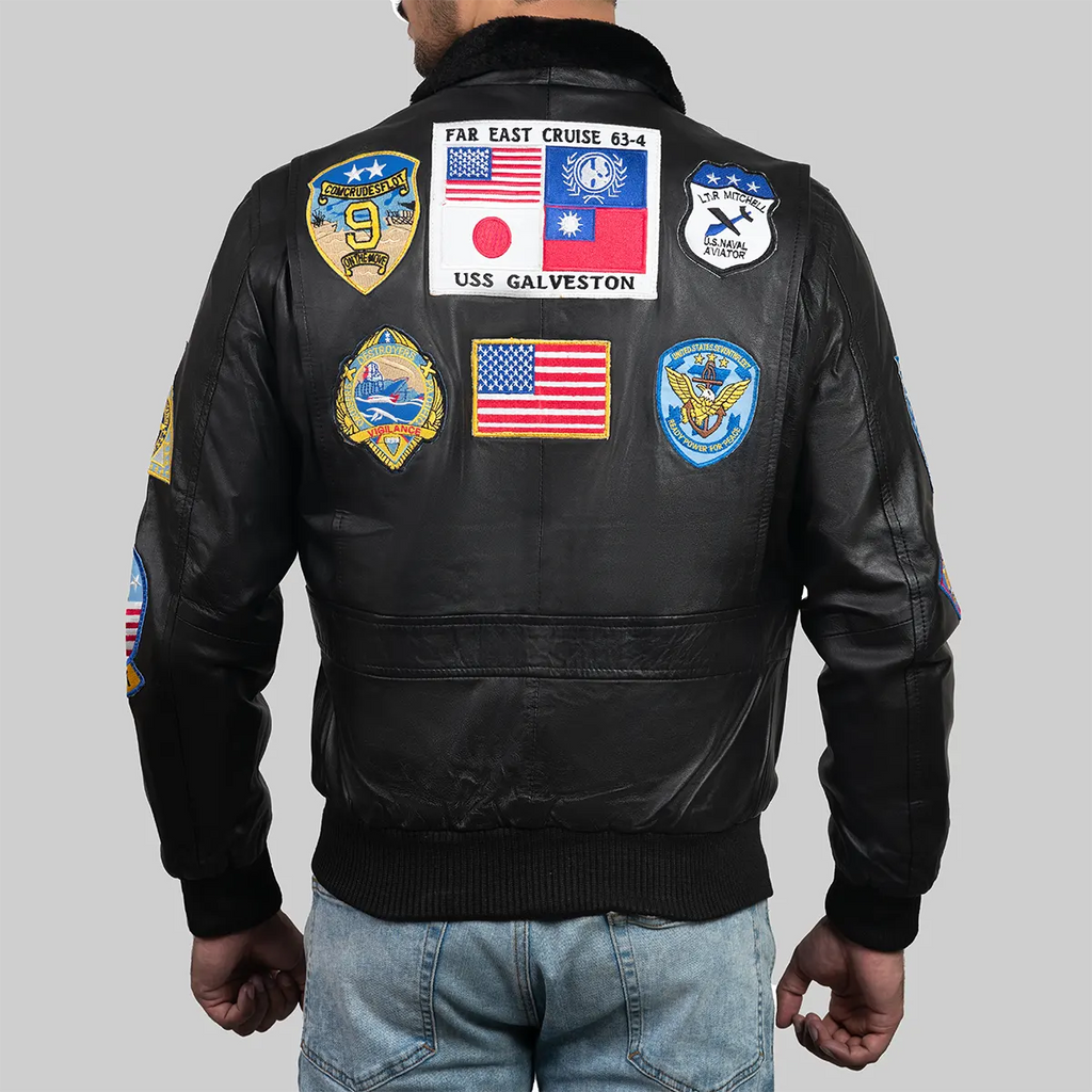 Top Gun Black Leather Maverick Bomber Jacket