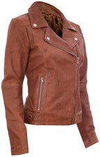 Womens Tan Leather Biker Jacket-Sacramento