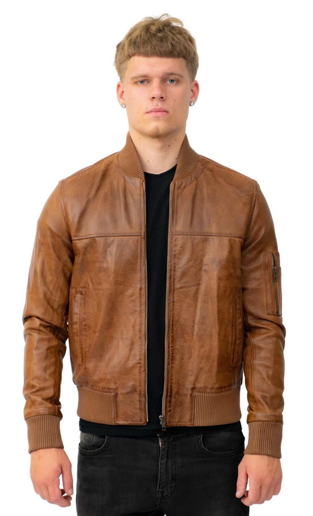 Mens Retro MA-1 Leather Bomber Jacket-Arlington