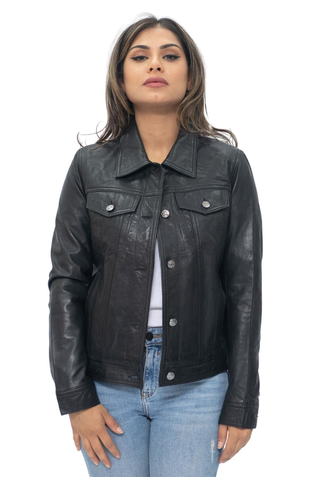 Womens Leather Trucker Jeans Jacket-Anderlecht