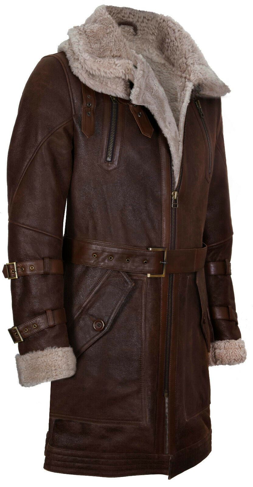 Mens 3/4 Warm Leather Sheepskin Trench Coat-Medina
