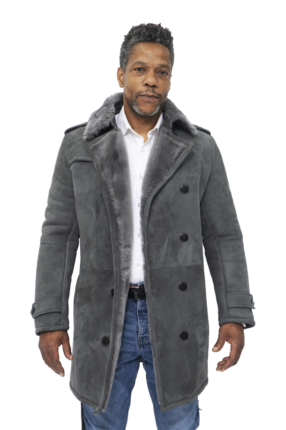 Mens Shearling Sheepskin Suede Pea Coat-Cali