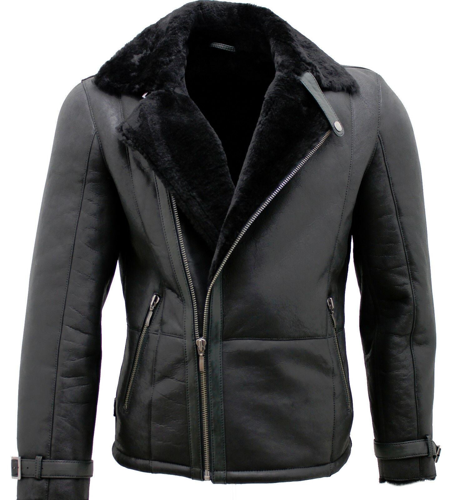 Mens Double Breasted Sheepskin Leather Biker Jacket-Manila