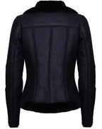 Womens Black Shearling Sheepskin Aviator Jacket-Kiev