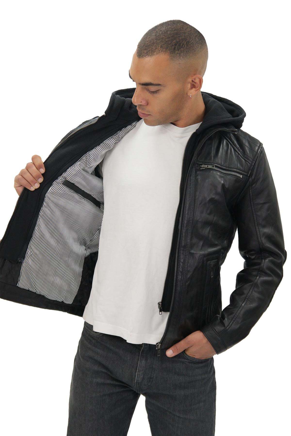 Mens Black Hooded Leather Biker Jacket-Salvador