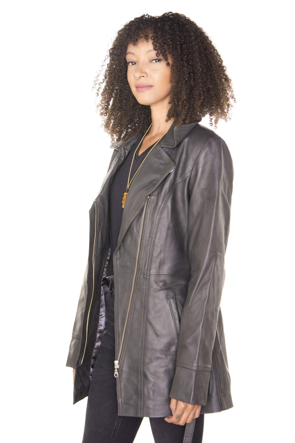 Womens Leather Long Biker Jacket-Muscat