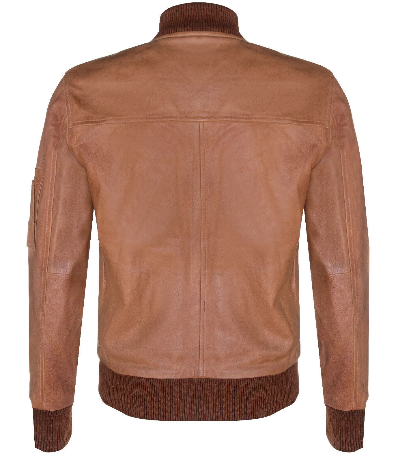 Mens Tan Brown Leather MA-1 Varsity Bomber Jacket