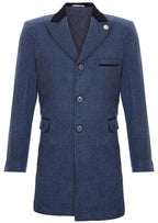 Mens 3/4 Long Navy Crombie Overcoat Jacket Herringbone Tweed Coat Peaky Blinder