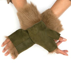 Womens Shearling  Mittens Fingerless Cuffs Toscana Suede Sheepskin Fur