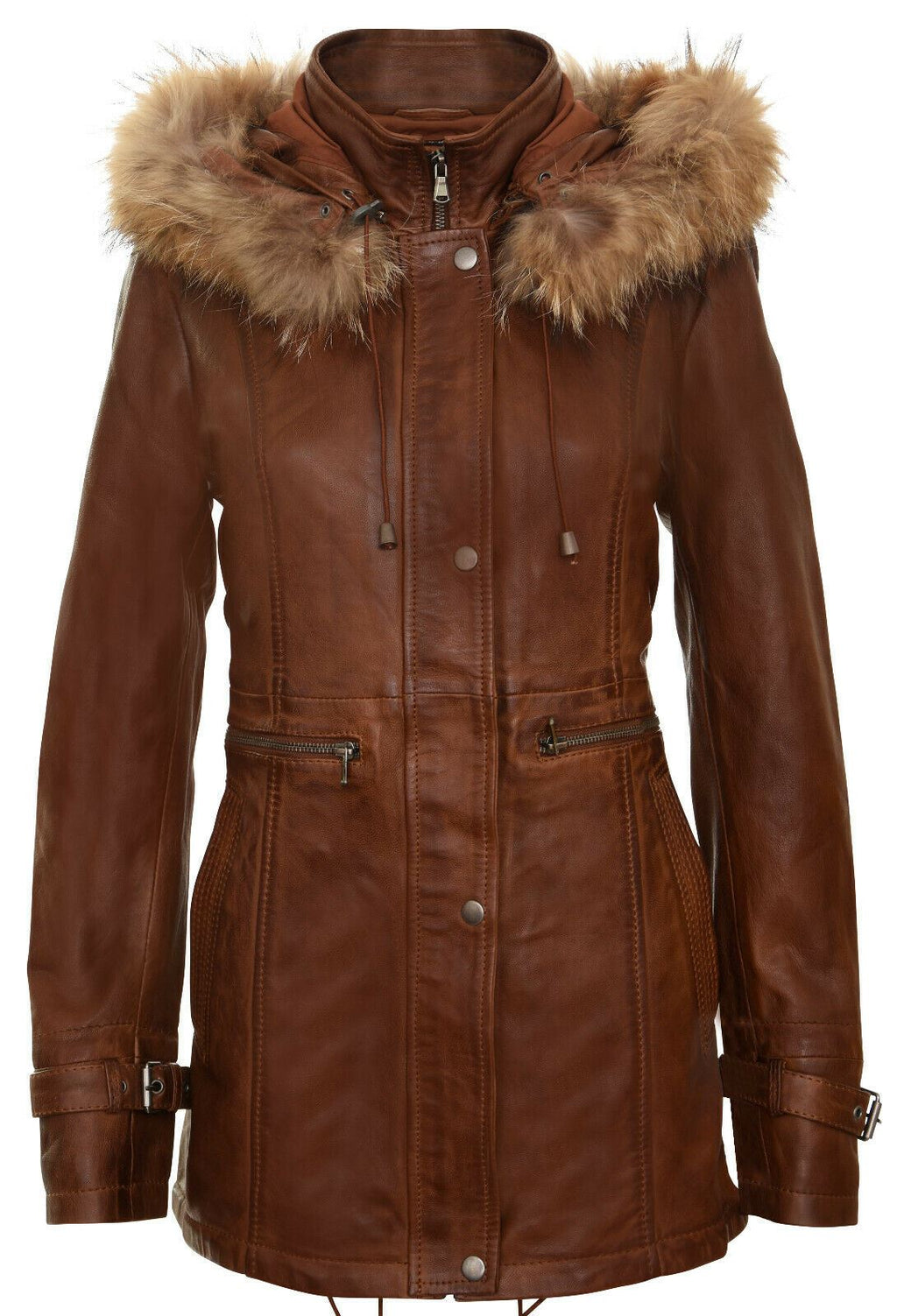 Womens Leather Hooded Parka Jacket-Putian