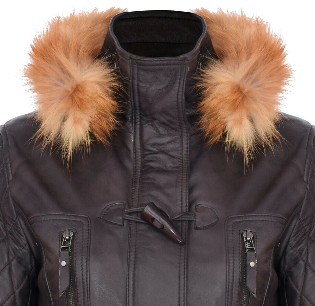 Womens Quilted Leather Hooded Parka Jacket-Northampton