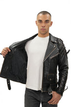 Mens Embossed Brando Leather Biker Jacket-Chicago