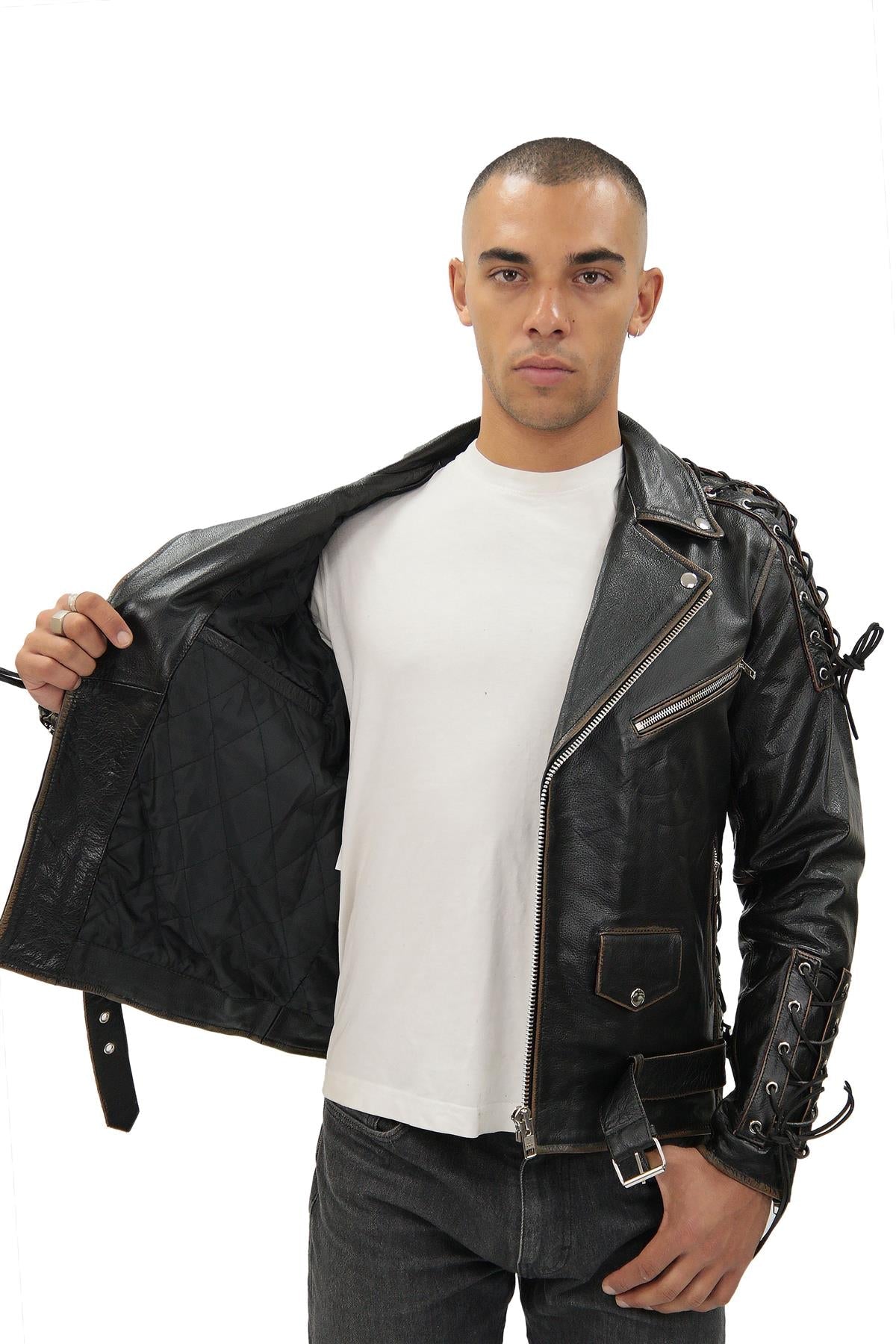 Mens Embossed Brando Leather Biker Jacket-Chicago