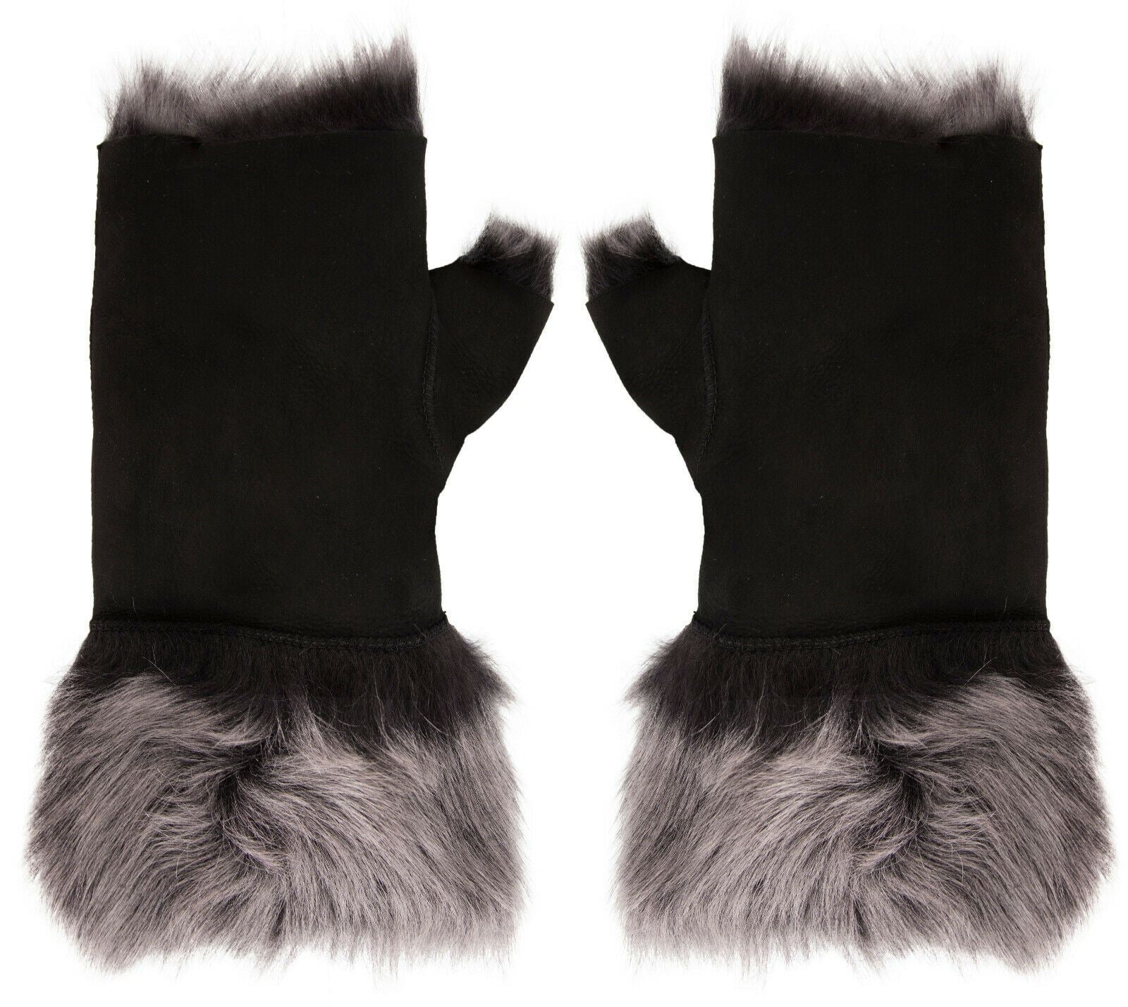 Womens Shearling  Mittens Fingerless Cuffs Toscana Suede Sheepskin Fur