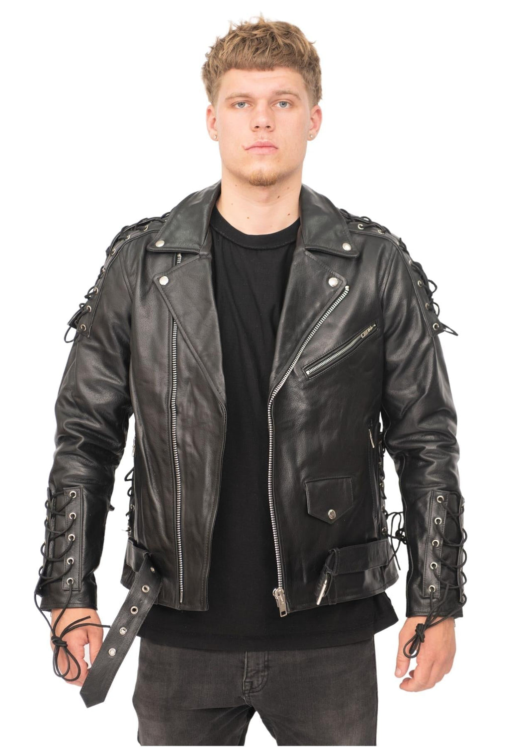 Mens Embossed Brando Leather Biker Jacket-Chicago