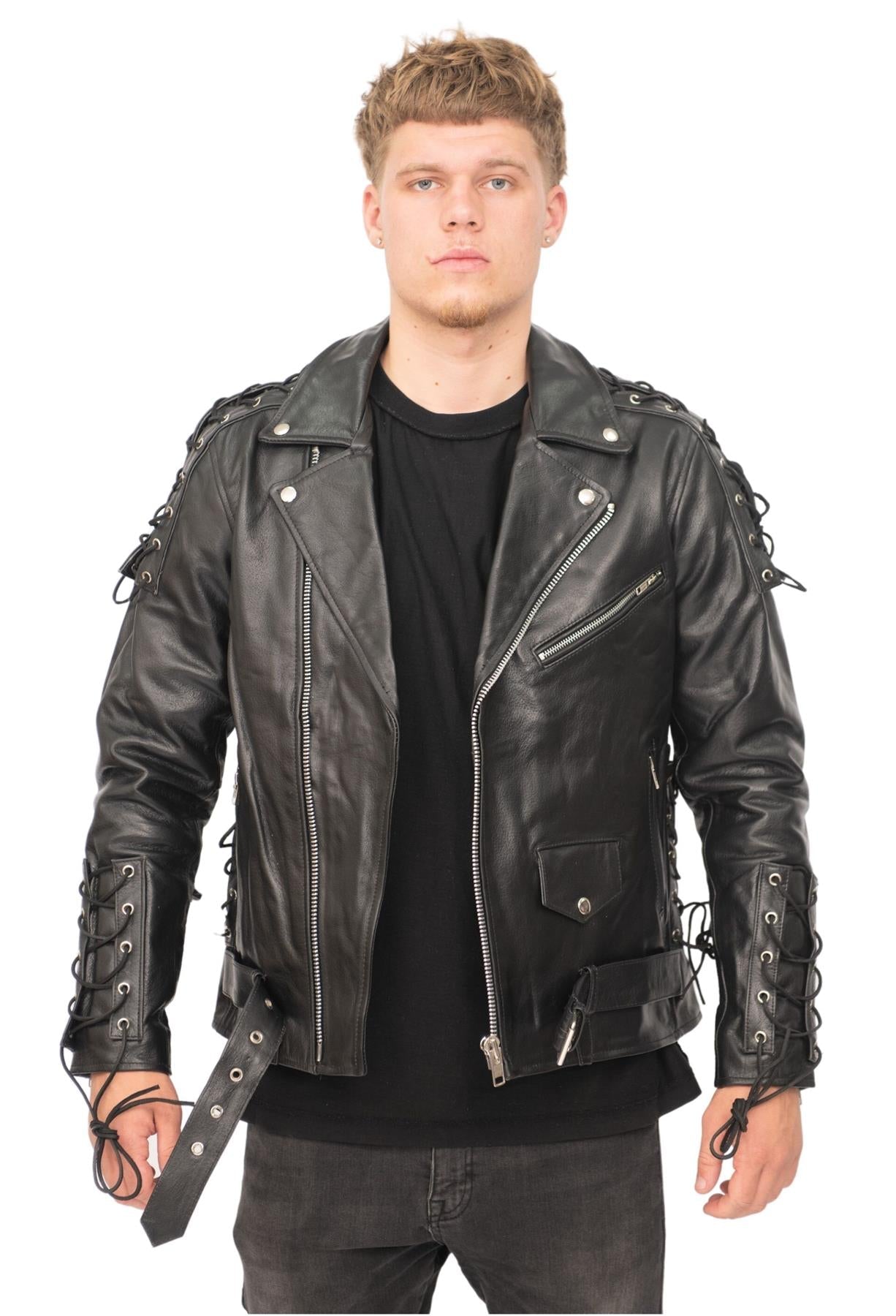 Mens Embossed Brando Leather Biker Jacket-Chicago