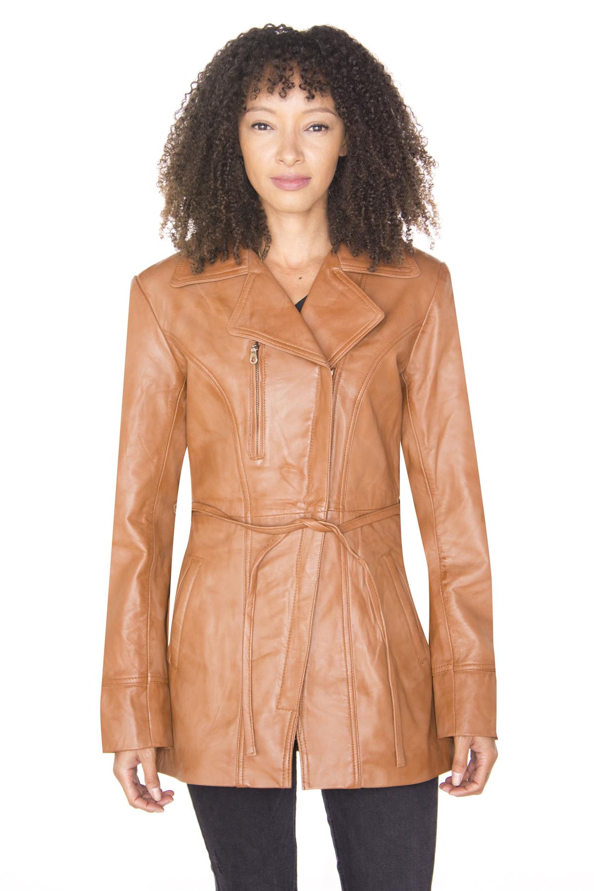 Womens Leather Long Biker Jacket-Muscat
