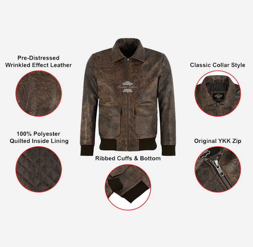 APEXA Men's Pre-Distressed Wrinkled Bomber Flight Jacket