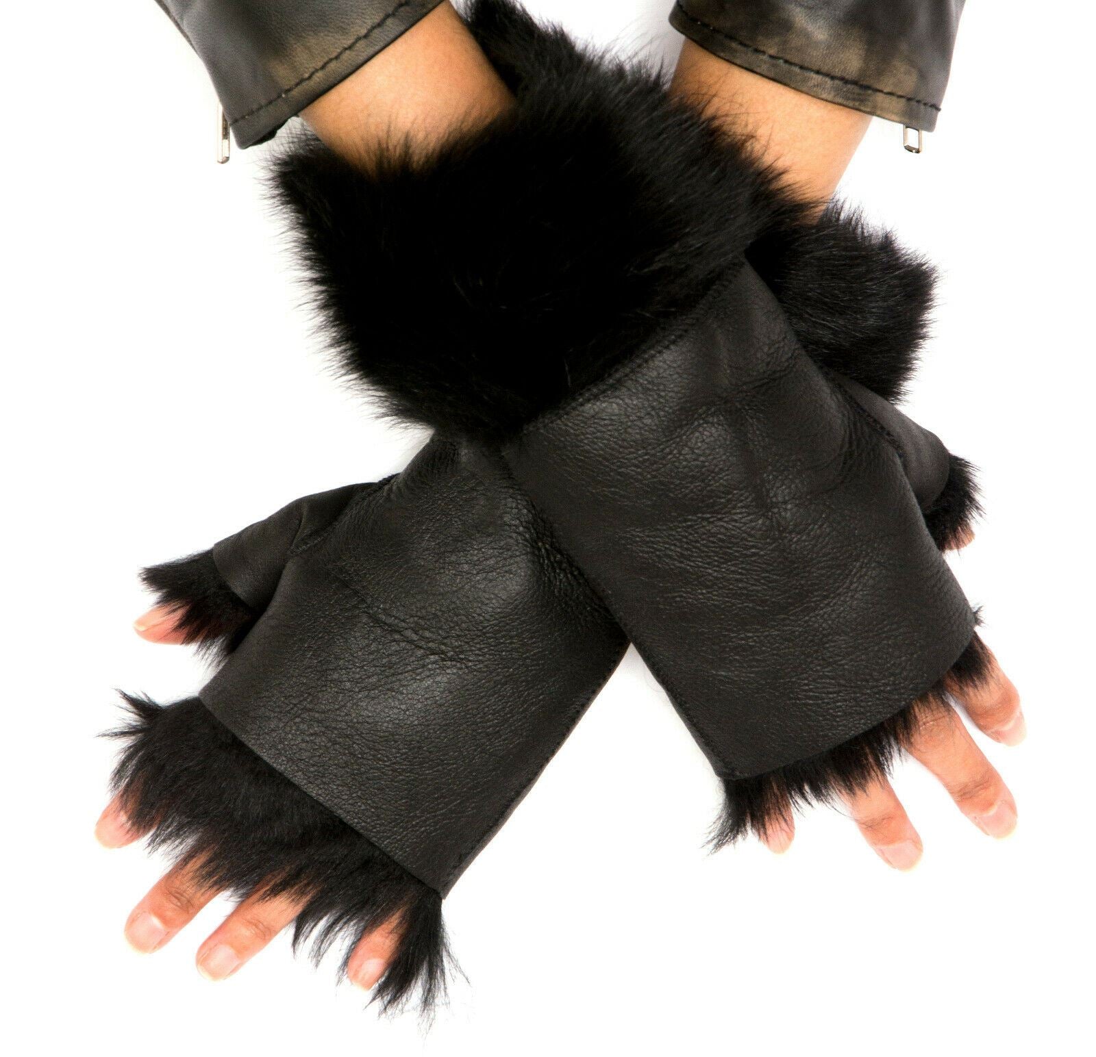 Womens Shearling  Mittens Fingerless Cuffs Toscana Suede Sheepskin Fur