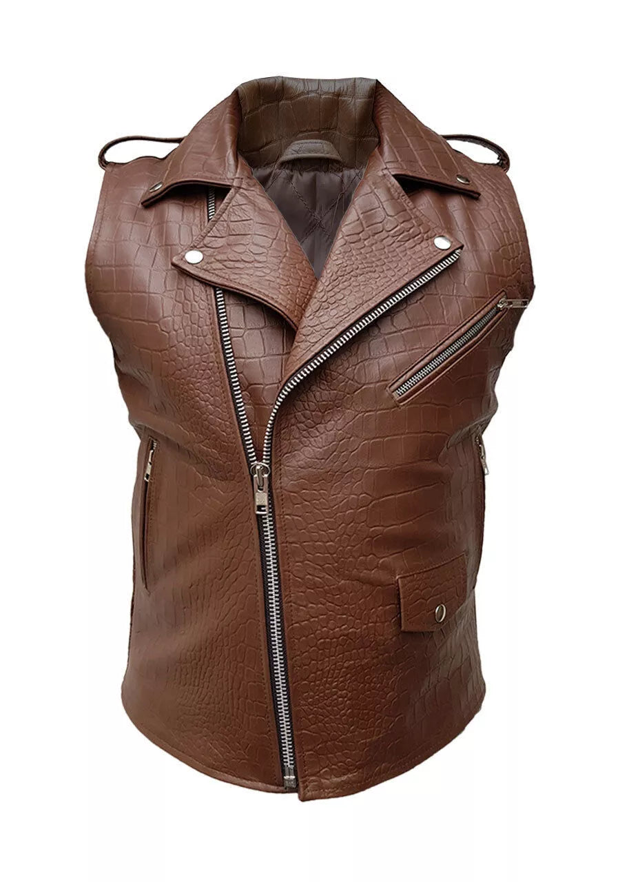 Men Brown Crocodile Leather Sleeveless Brando Style Bikers Vest Waistcoat Jacket