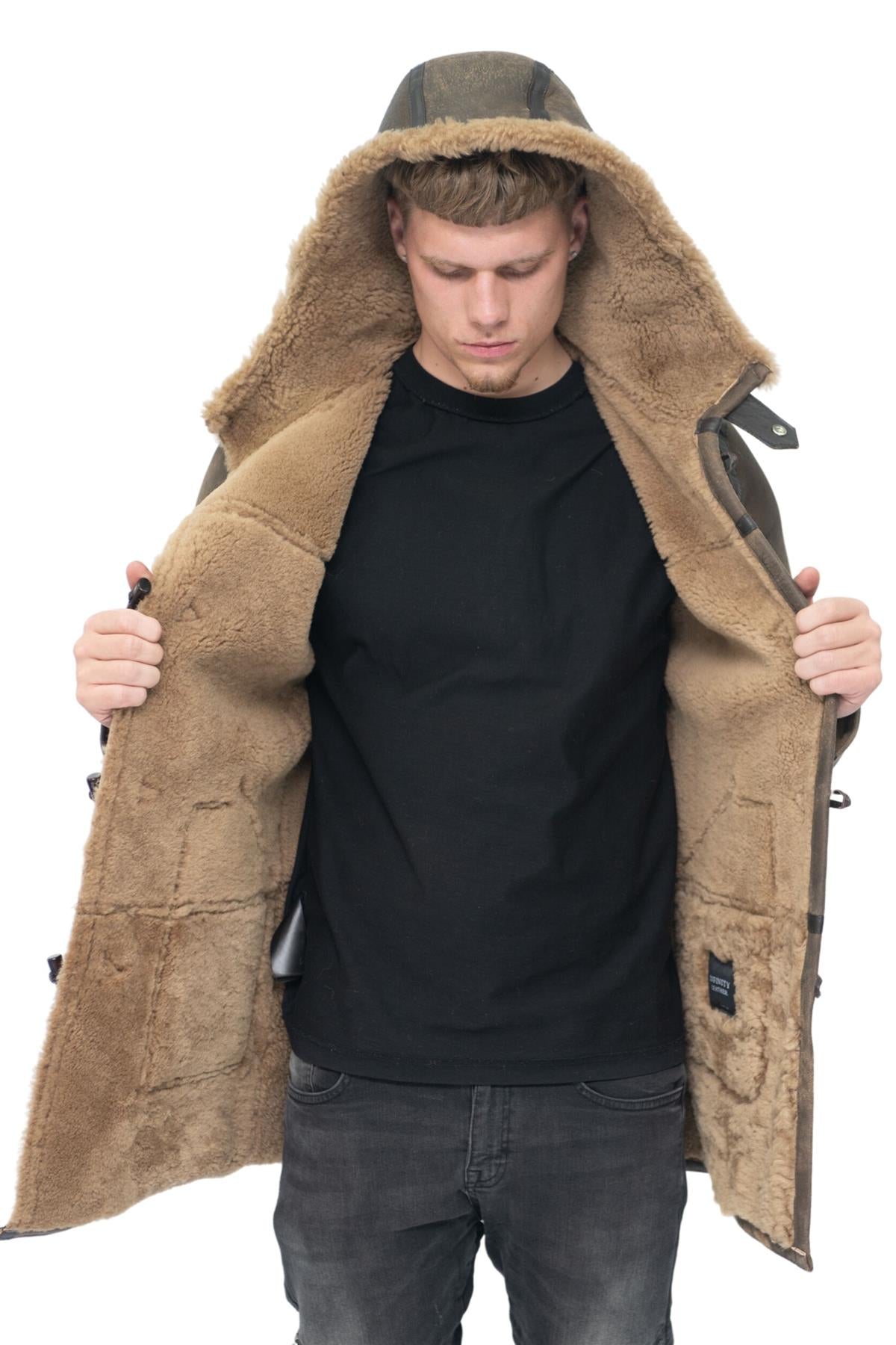 Mens Antique Sheepskin Duffle Coat-Arona