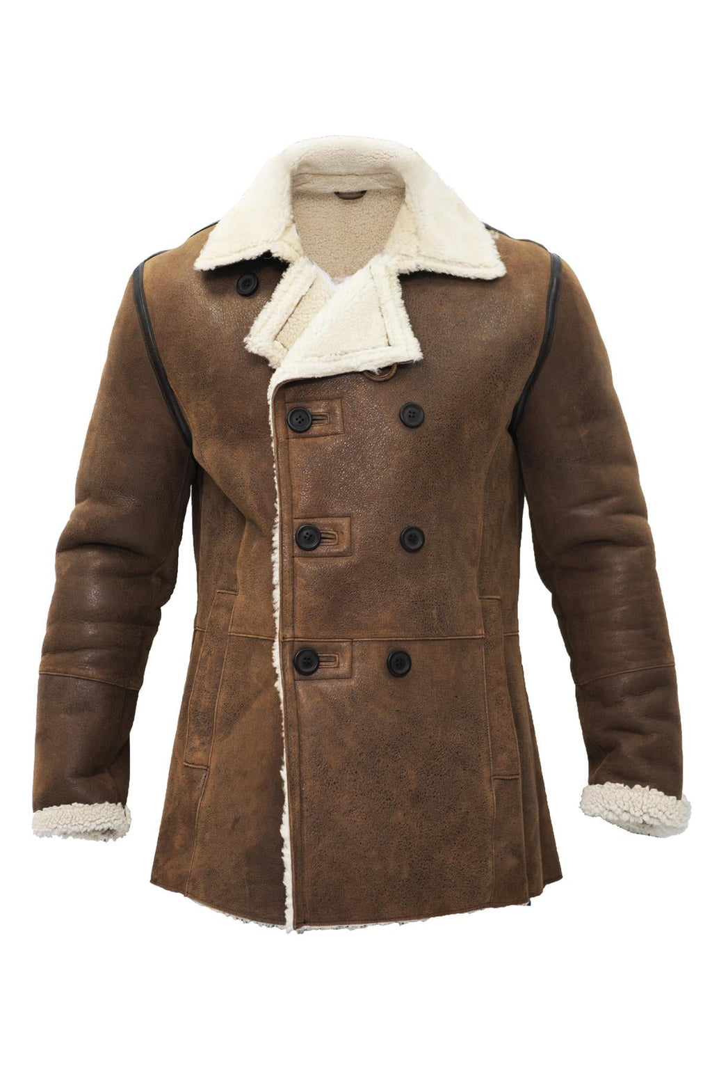 Mens Double Breasted Shearling Sheepskin Pea Coat-Valencia