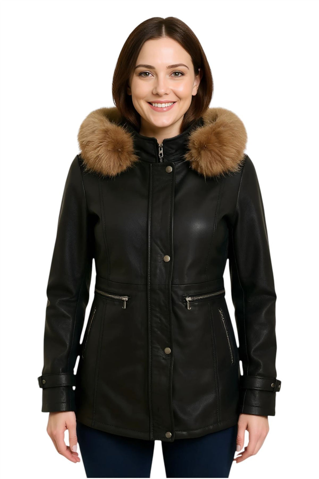 Womens Leather Hooded Parka Jacket-Putian