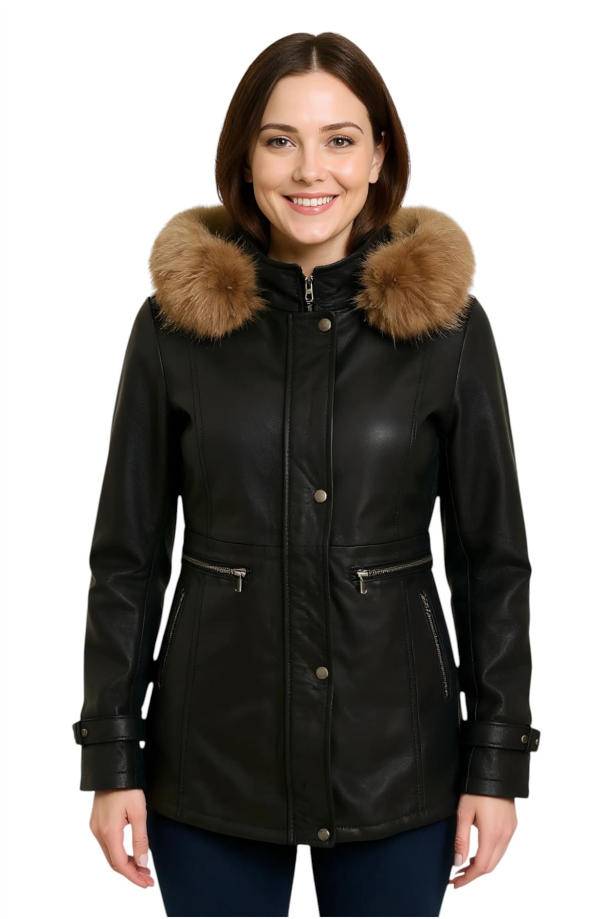 Womens Leather Hooded Parka Jacket-Putian