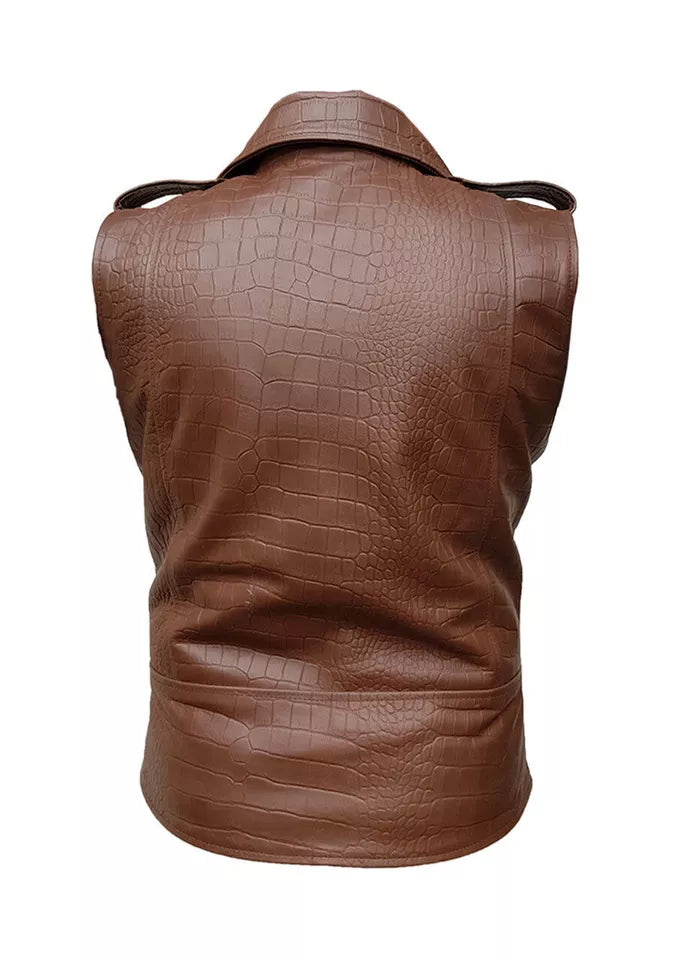 Men Brown Crocodile Leather Sleeveless Brando Style Bikers Vest Waistcoat Jacket