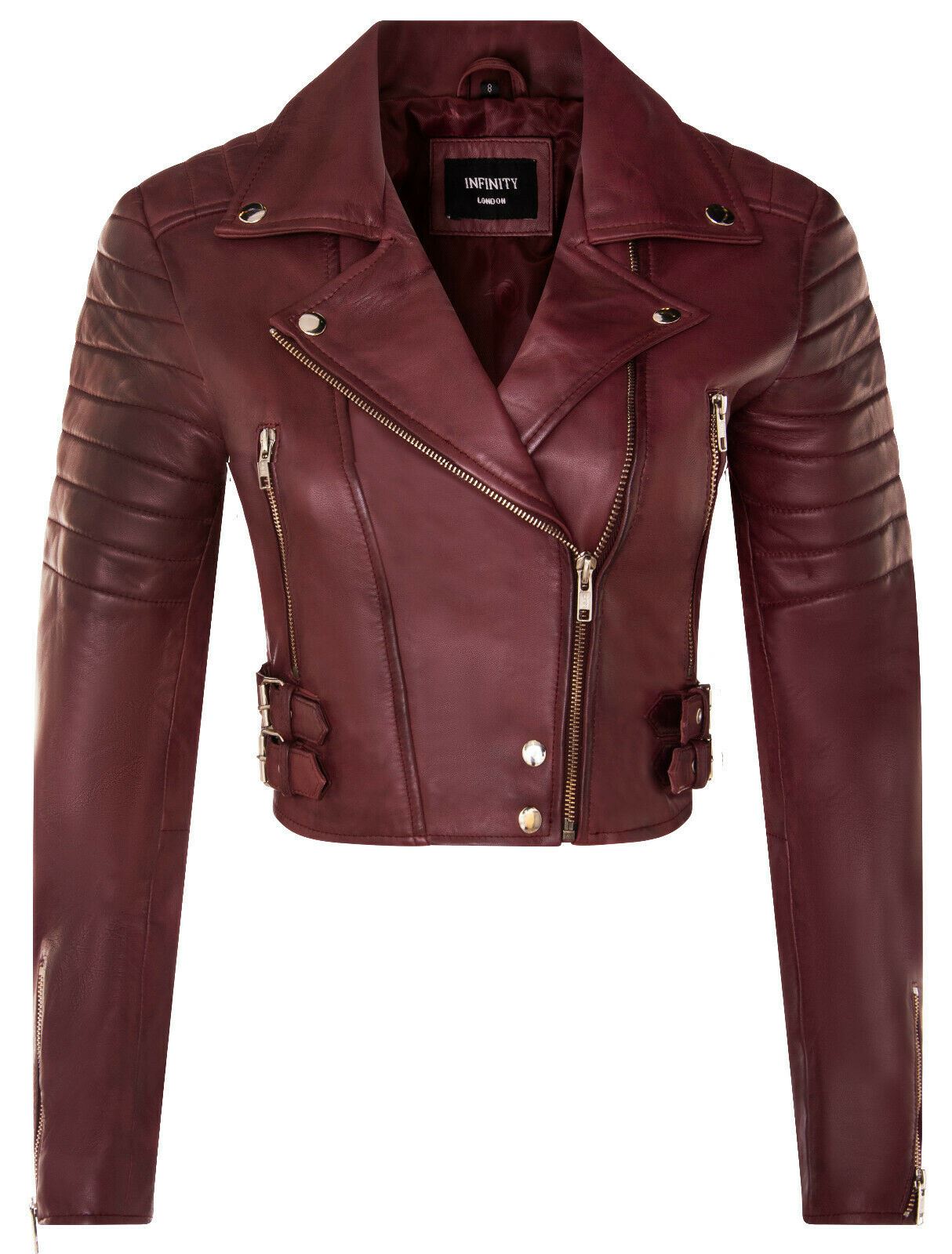 Womens Cropped Brando Leather Biker Jacket-Damascus
