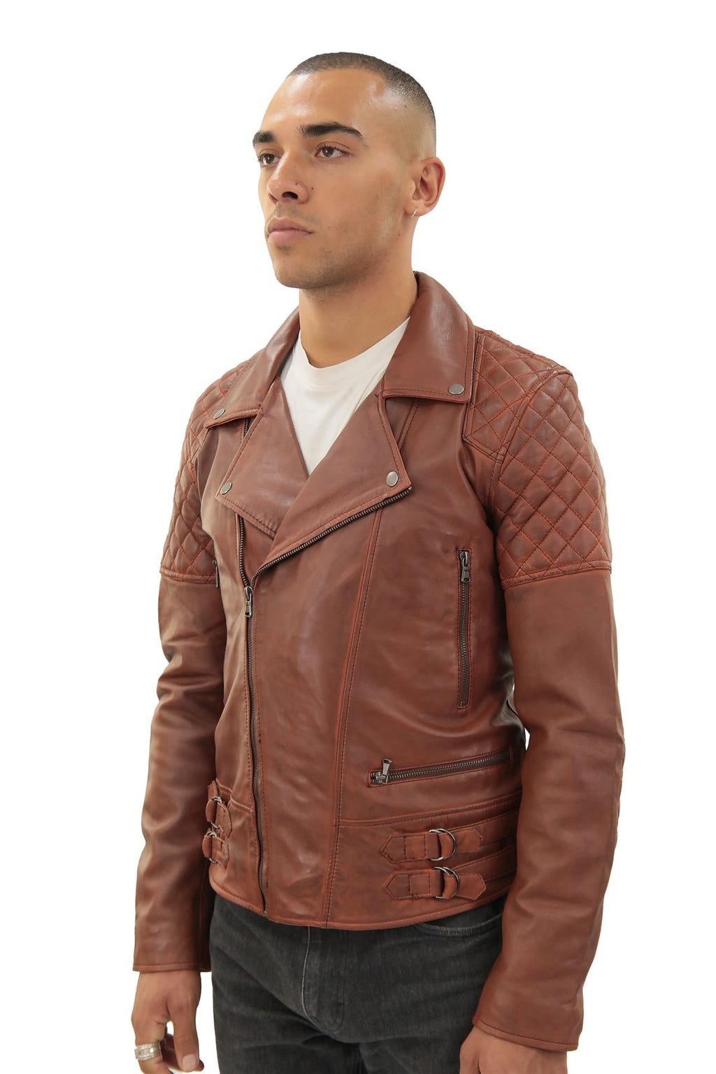 Mens Quilted Leather Biker Jacket-Bordeaux