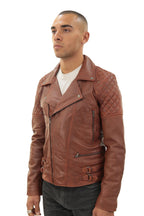 Mens Quilted Leather Biker Jacket-Bordeaux