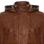 Mens Hooded Trench Multi-Pocket Overcoat Leather Jacket