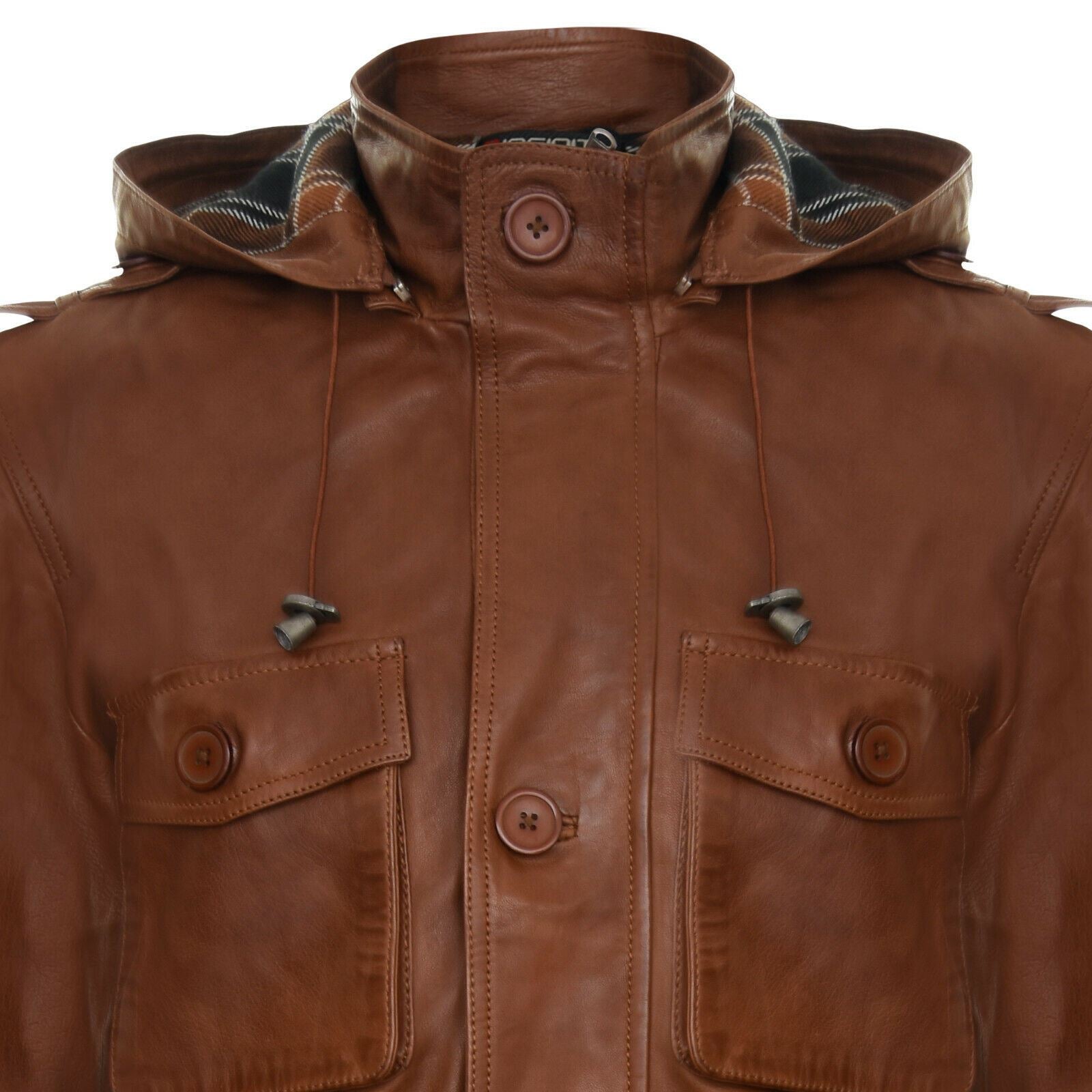 Mens Hooded Trench Multi-Pocket Overcoat Leather Jacket