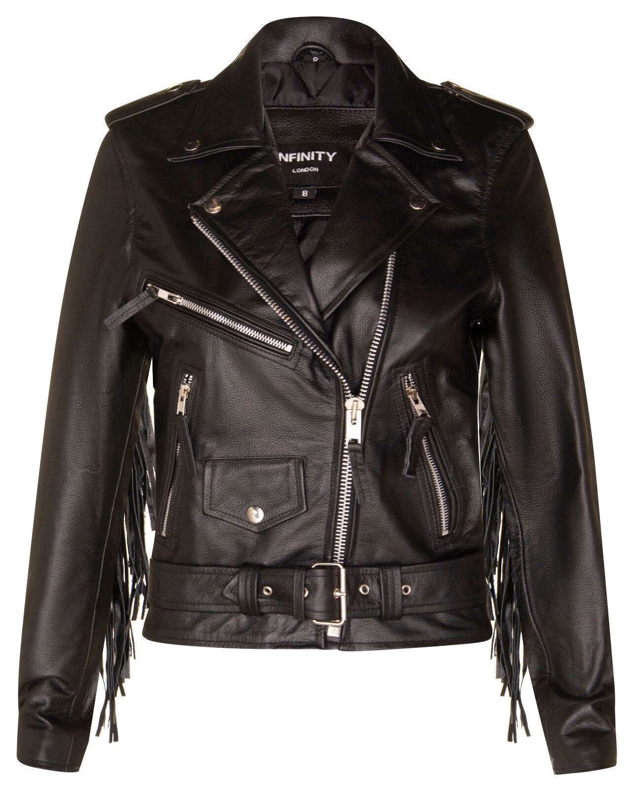 Women's Black FRINGE Leather Brando TASSELED Motorcycle Cow Hide Biker Jacket