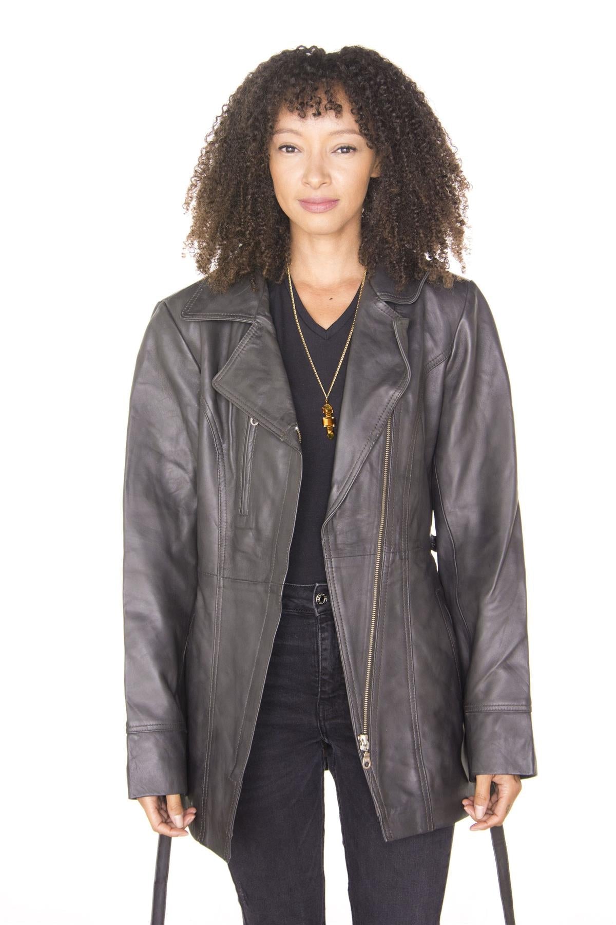 Womens Leather Long Biker Jacket-Muscat
