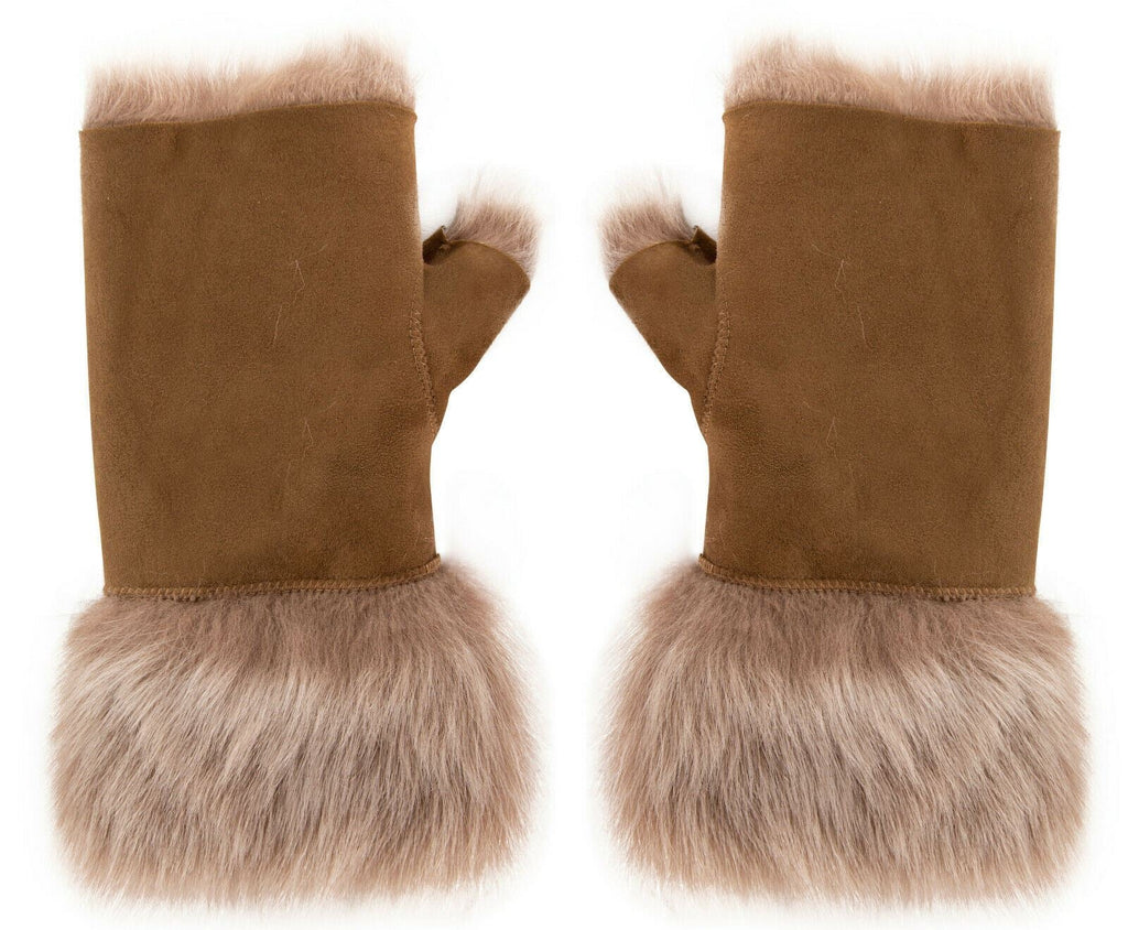 Womens Shearling  Mittens Fingerless Cuffs Toscana Suede Sheepskin Fur