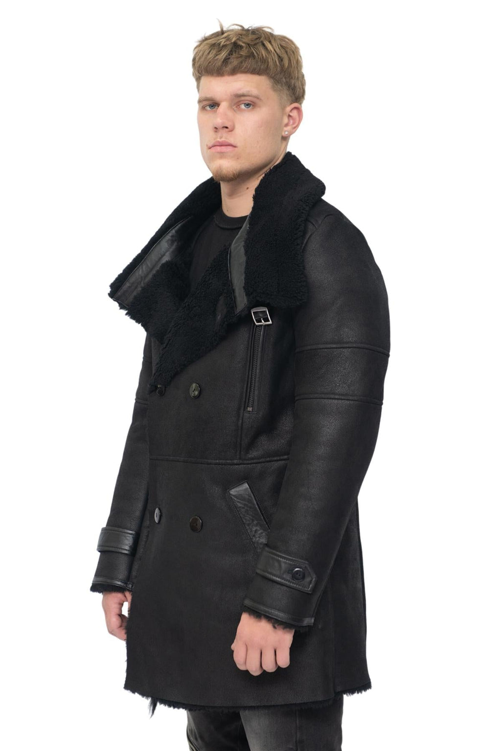 Mens Double Breasted Sheepskin Reefer Coat-Candon