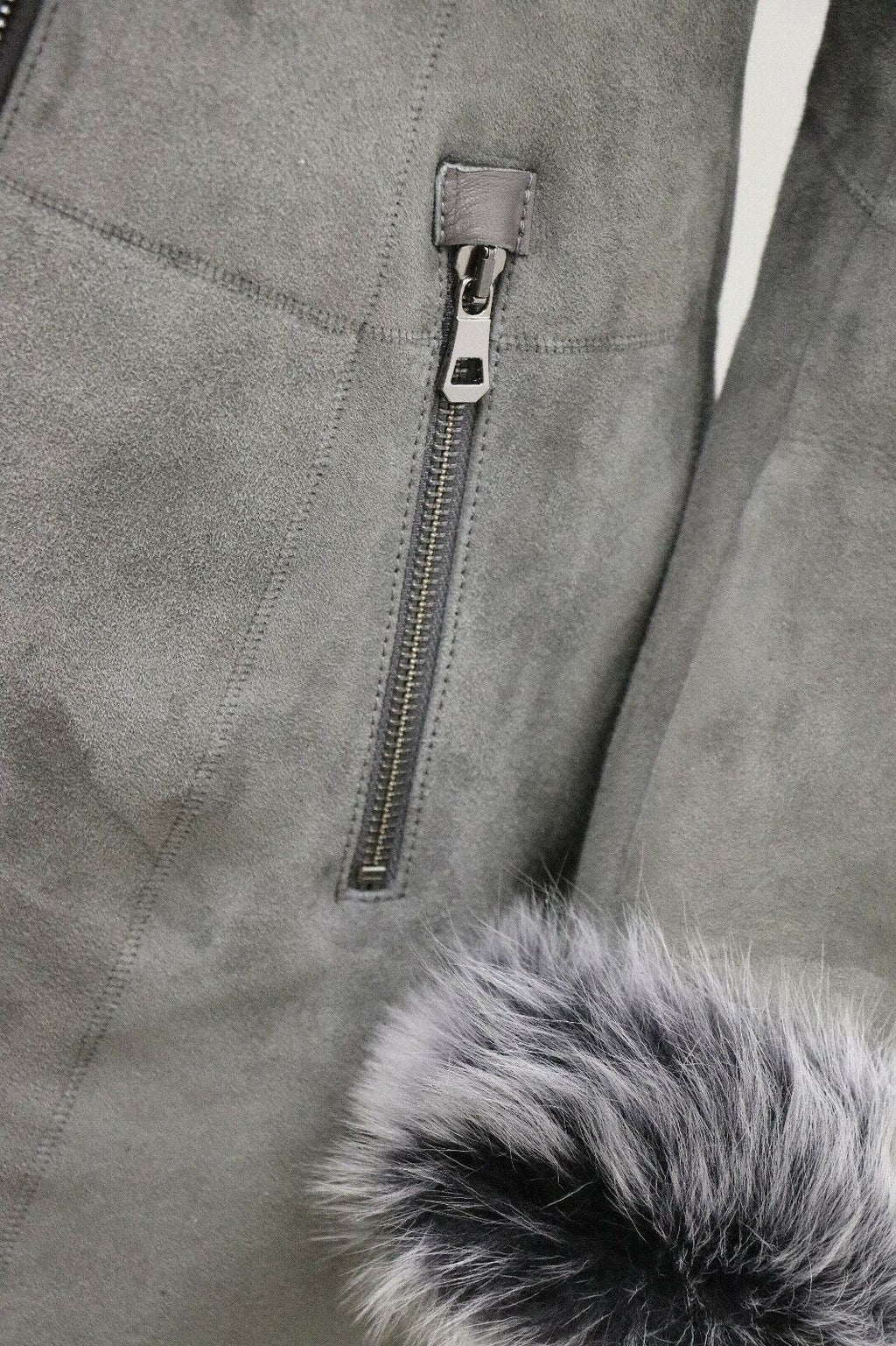 Womens Grey Suede Hooded Merino Sheepskin Coat-Monrovia